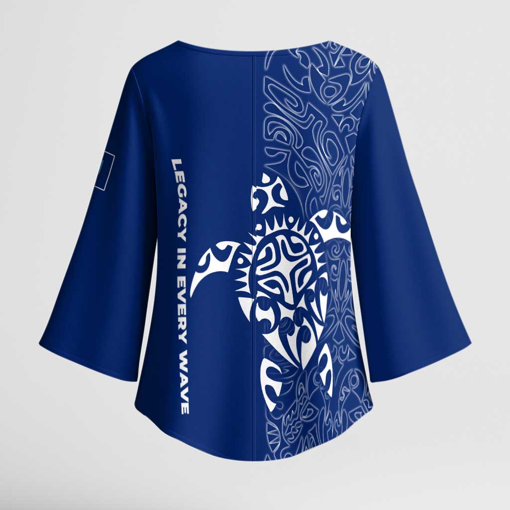 Montserrat Kimono Sleeve Blouse with Tribal Sea Turtle Illustration Blue Polynesian Pattern Design - Wonder Print Shop