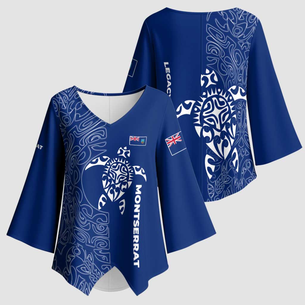 Montserrat Kimono Sleeve Blouse with Tribal Sea Turtle Illustration Blue Polynesian Pattern Design - Wonder Print Shop