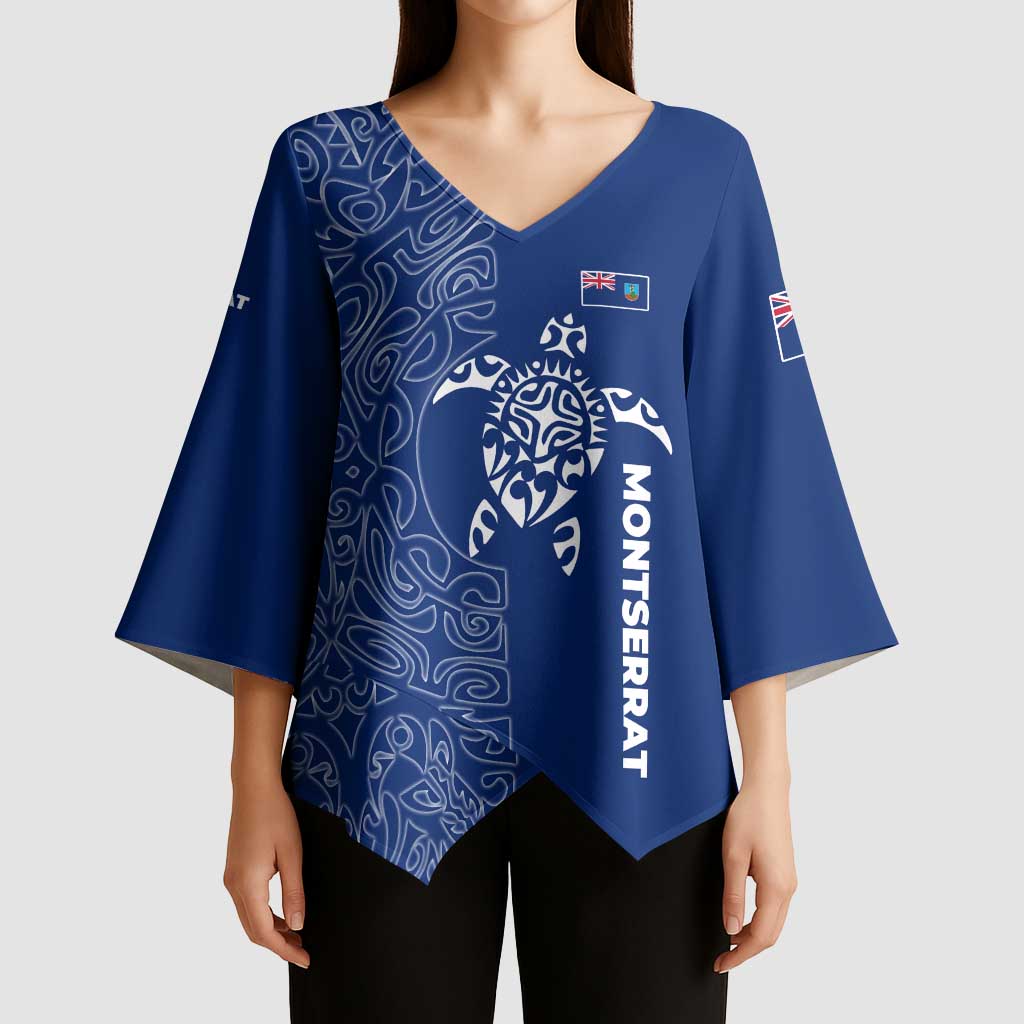 Montserrat Kimono Sleeve Blouse with Tribal Sea Turtle Illustration Blue Polynesian Pattern Design - Wonder Print Shop