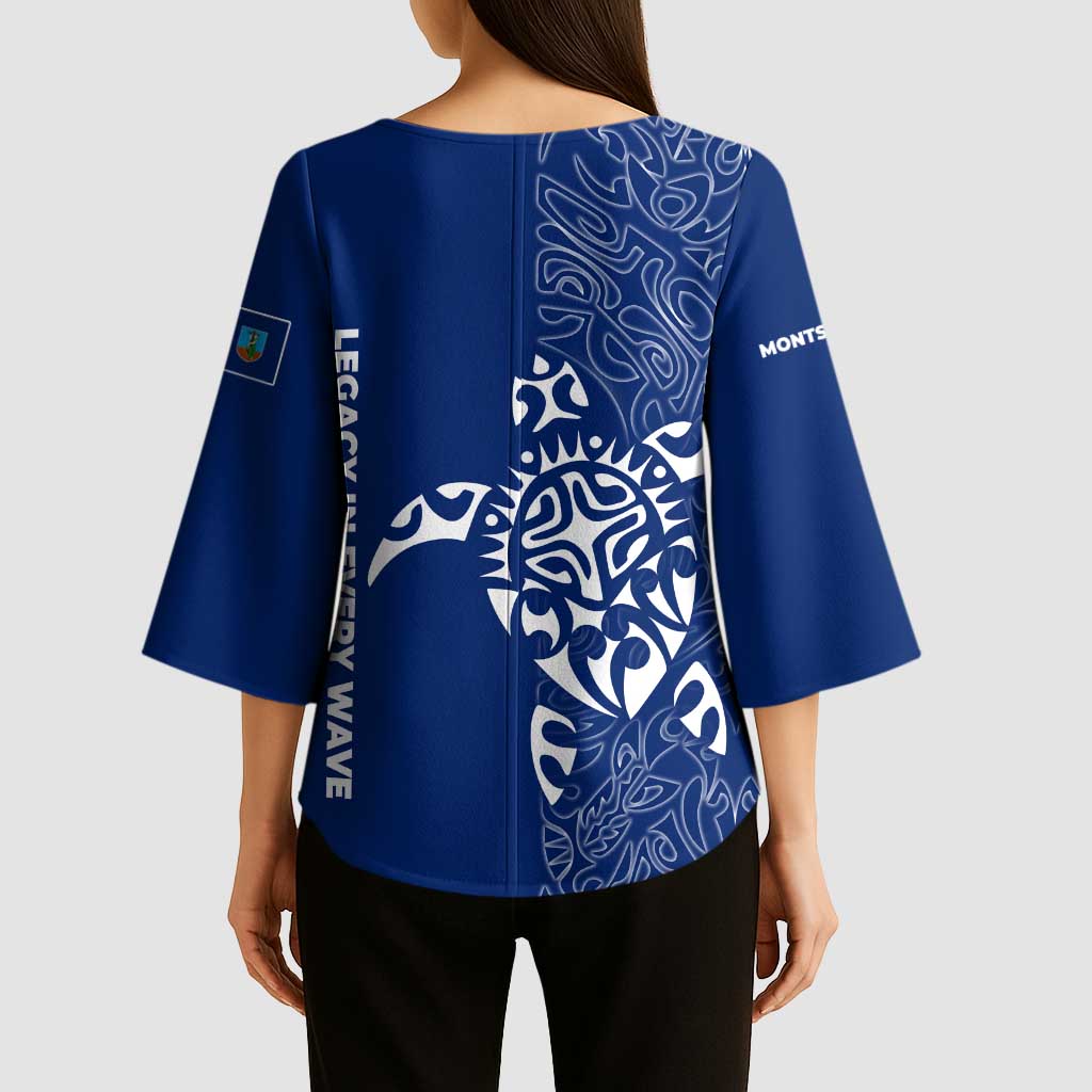 Montserrat Kimono Sleeve Blouse with Tribal Sea Turtle Illustration Blue Polynesian Pattern Design - Wonder Print Shop