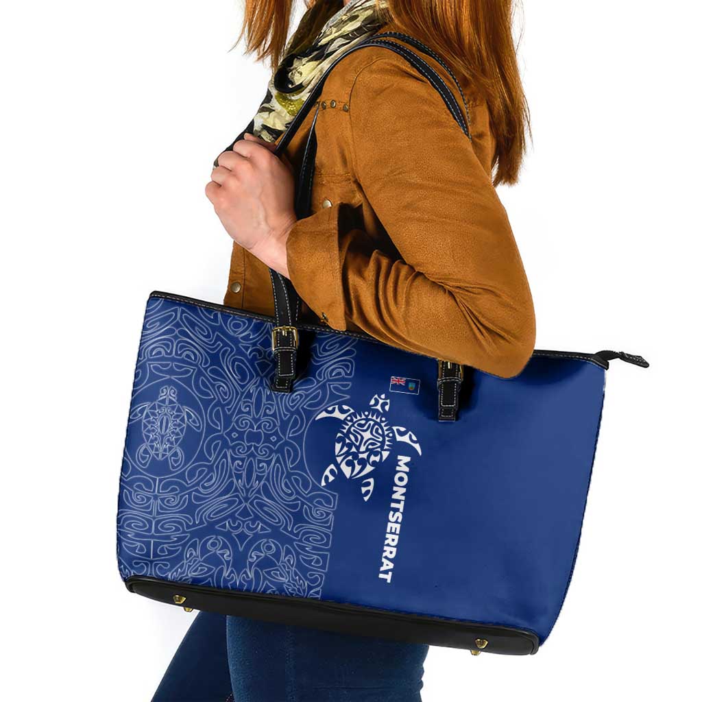 Montserrat Leather Tote Bag with Tribal Sea Turtle Illustration Blue Polynesian Pattern Design - Wonder Print Shop