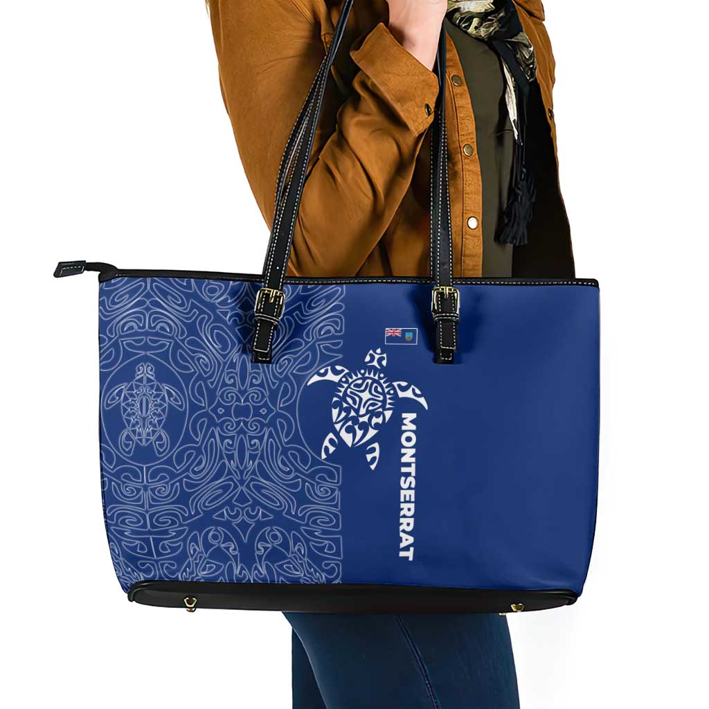 Montserrat Leather Tote Bag with Tribal Sea Turtle Illustration Blue Polynesian Pattern Design - Wonder Print Shop