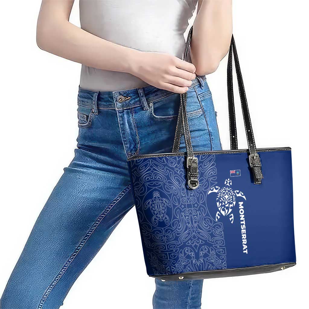Montserrat Leather Tote Bag with Tribal Sea Turtle Illustration Blue Polynesian Pattern Design - Wonder Print Shop