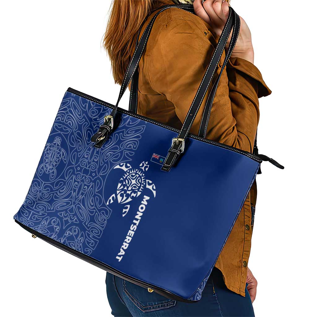 Montserrat Leather Tote Bag with Tribal Sea Turtle Illustration Blue Polynesian Pattern Design - Wonder Print Shop