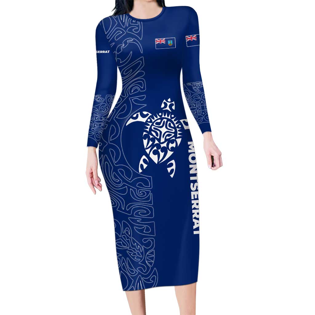 Montserrat Long Sleeve Bodycon Dress with Tribal Sea Turtle Illustration Blue Polynesian Pattern Design - Wonder Print Shop