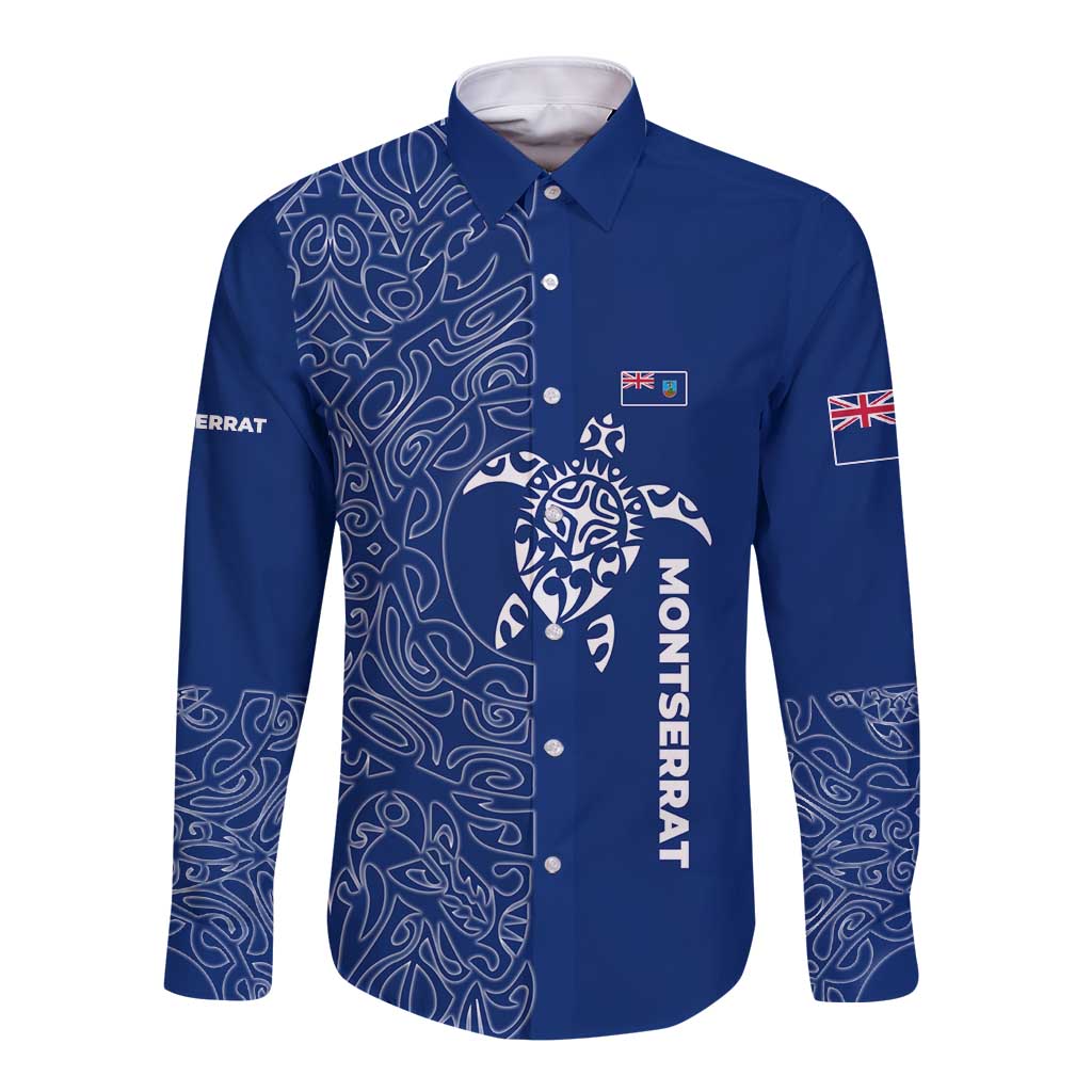 Montserrat Long Sleeve Button Shirt with Tribal Sea Turtle Illustration Blue Polynesian Pattern Design - Wonder Print Shop