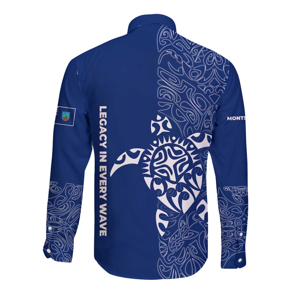 Montserrat Long Sleeve Button Shirt with Tribal Sea Turtle Illustration Blue Polynesian Pattern Design - Wonder Print Shop
