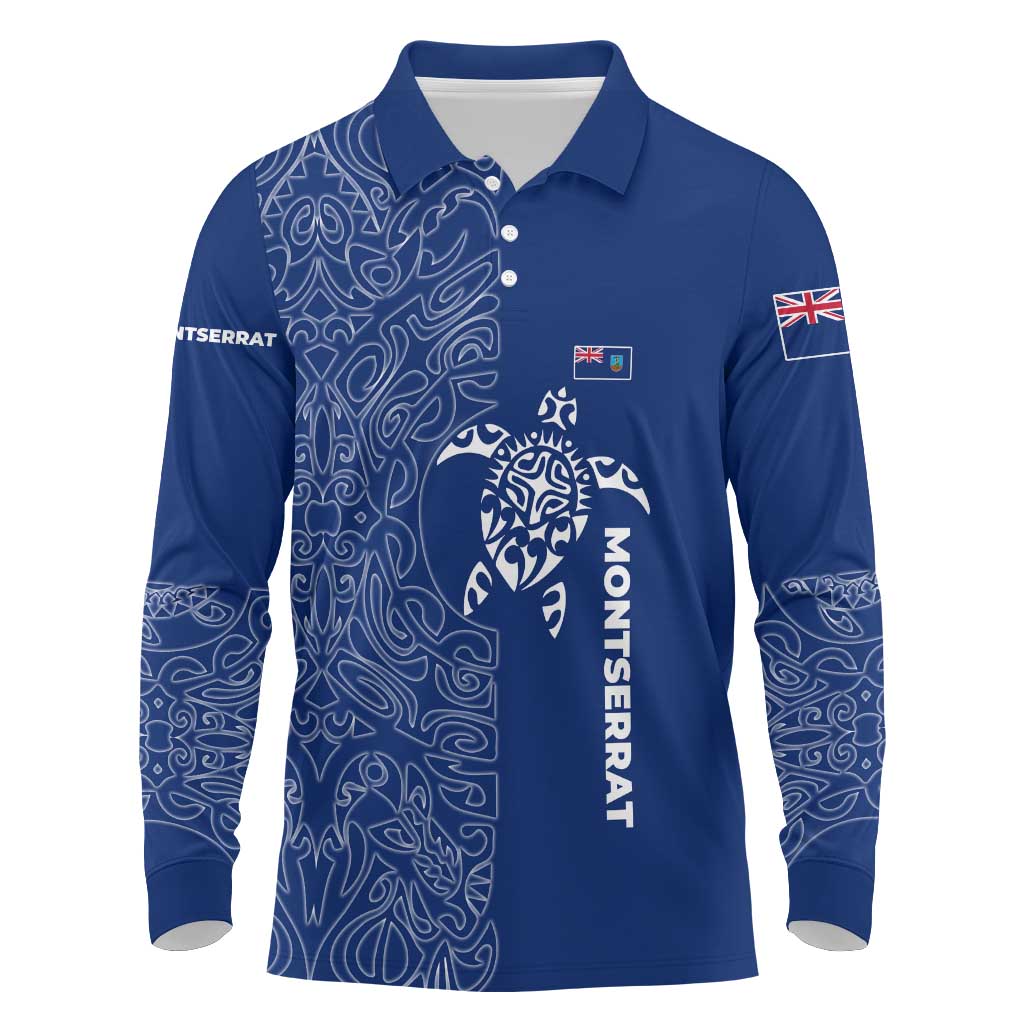 Montserrat Long Sleeve Polo Shirt with Tribal Sea Turtle Illustration Blue Polynesian Pattern Design - Wonder Print Shop