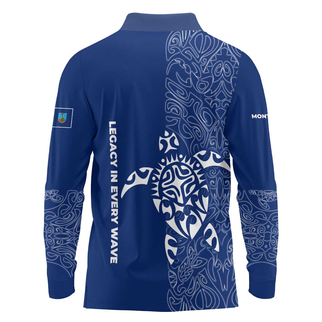 Montserrat Long Sleeve Polo Shirt with Tribal Sea Turtle Illustration Blue Polynesian Pattern Design - Wonder Print Shop