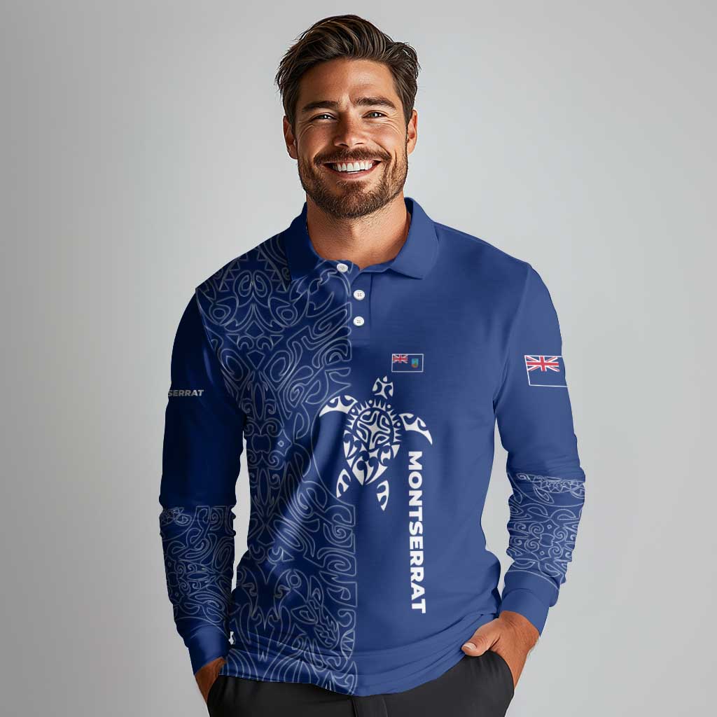 Montserrat Long Sleeve Polo Shirt with Tribal Sea Turtle Illustration Blue Polynesian Pattern Design - Wonder Print Shop