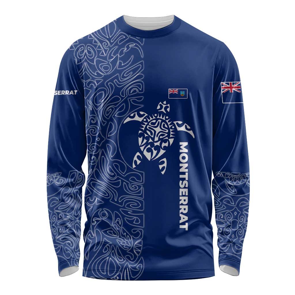 Montserrat Long Sleeve Shirt with Tribal Sea Turtle Illustration Blue Polynesian Pattern Design - Wonder Print Shop