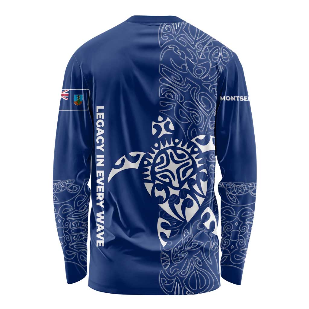 Montserrat Long Sleeve Shirt with Tribal Sea Turtle Illustration Blue Polynesian Pattern Design - Wonder Print Shop