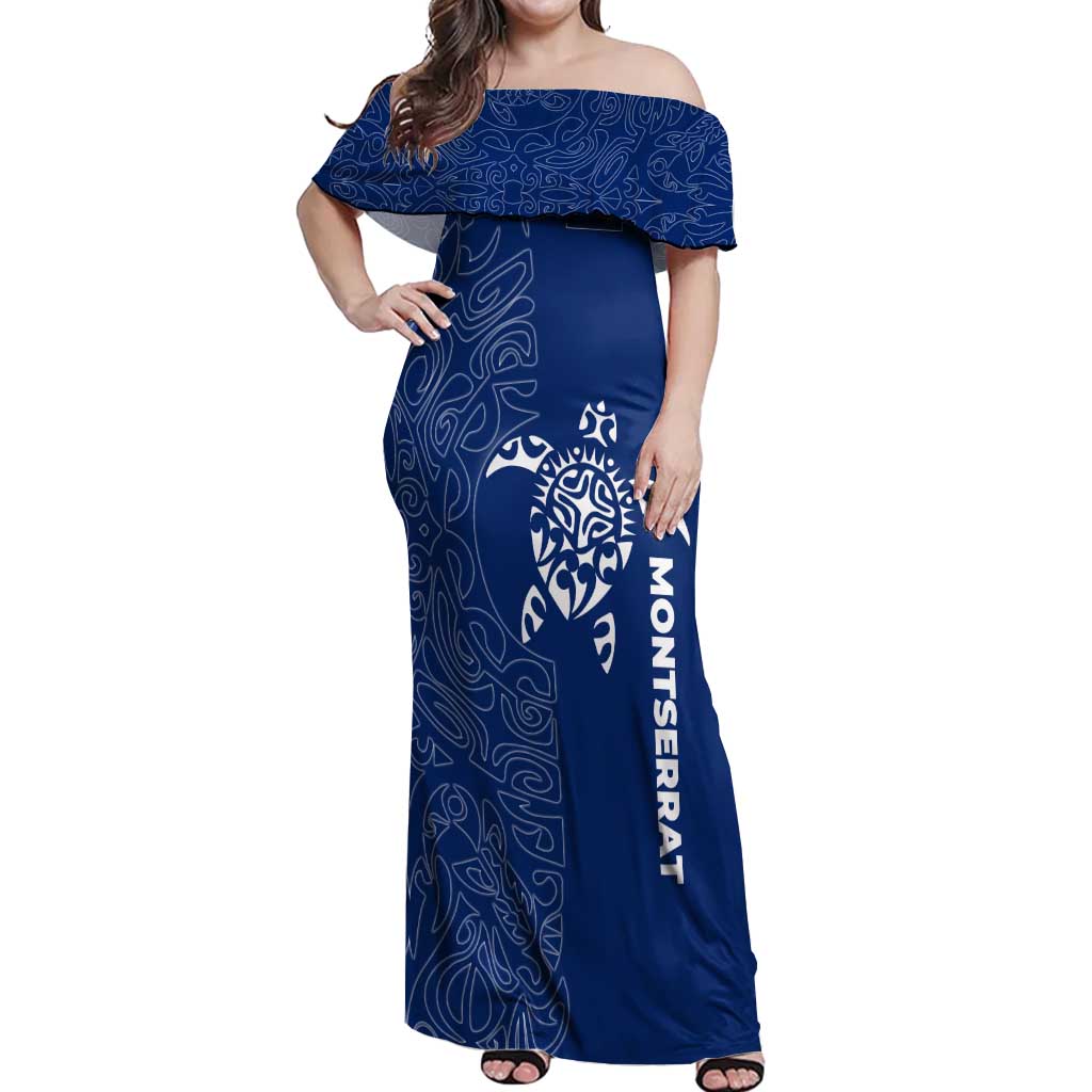 Montserrat Off Shoulder Maxi Dress with Tribal Sea Turtle Illustration Blue Polynesian Pattern Design - Wonder Print Shop