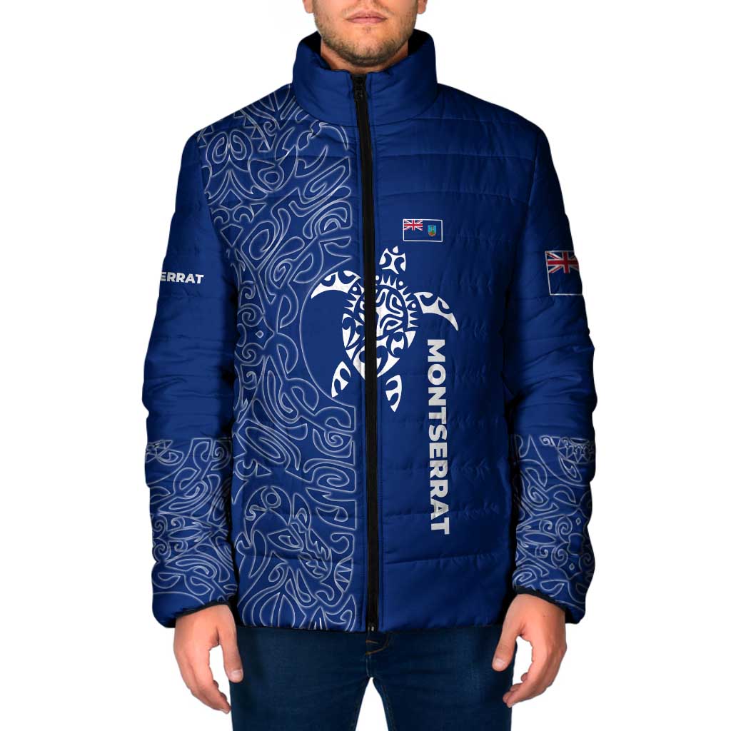 Montserrat Padded Jacket with Tribal Sea Turtle Illustration Blue Polynesian Pattern Design - Wonder Print Shop