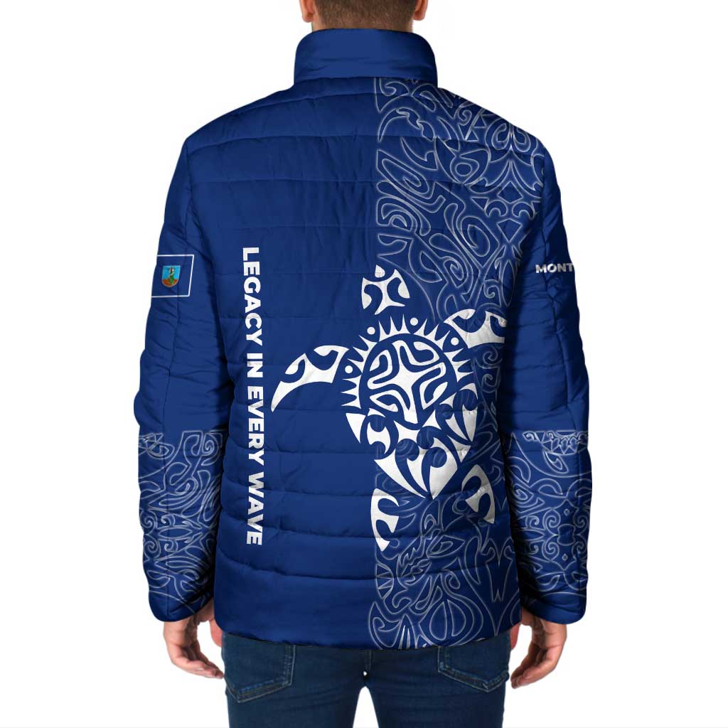 Montserrat Padded Jacket with Tribal Sea Turtle Illustration Blue Polynesian Pattern Design - Wonder Print Shop