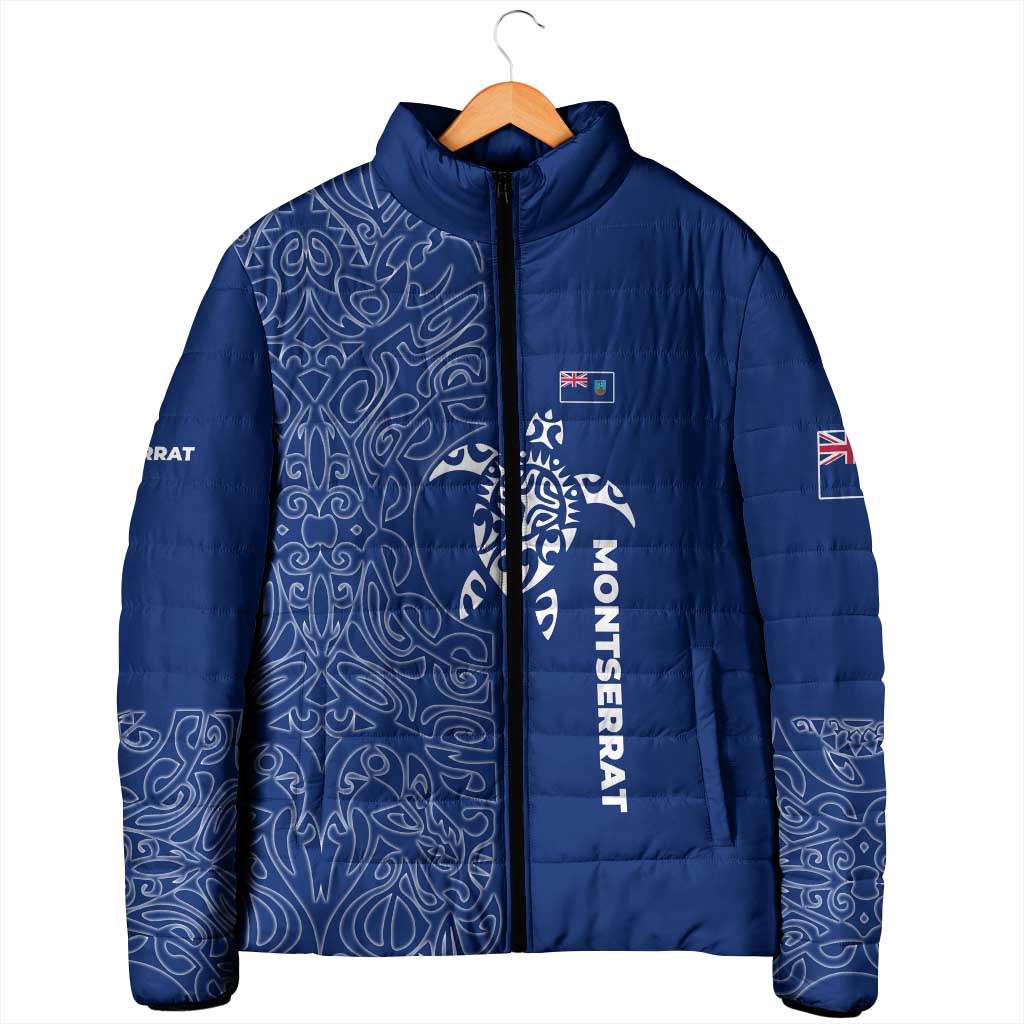Montserrat Padded Jacket with Tribal Sea Turtle Illustration Blue Polynesian Pattern Design - Wonder Print Shop