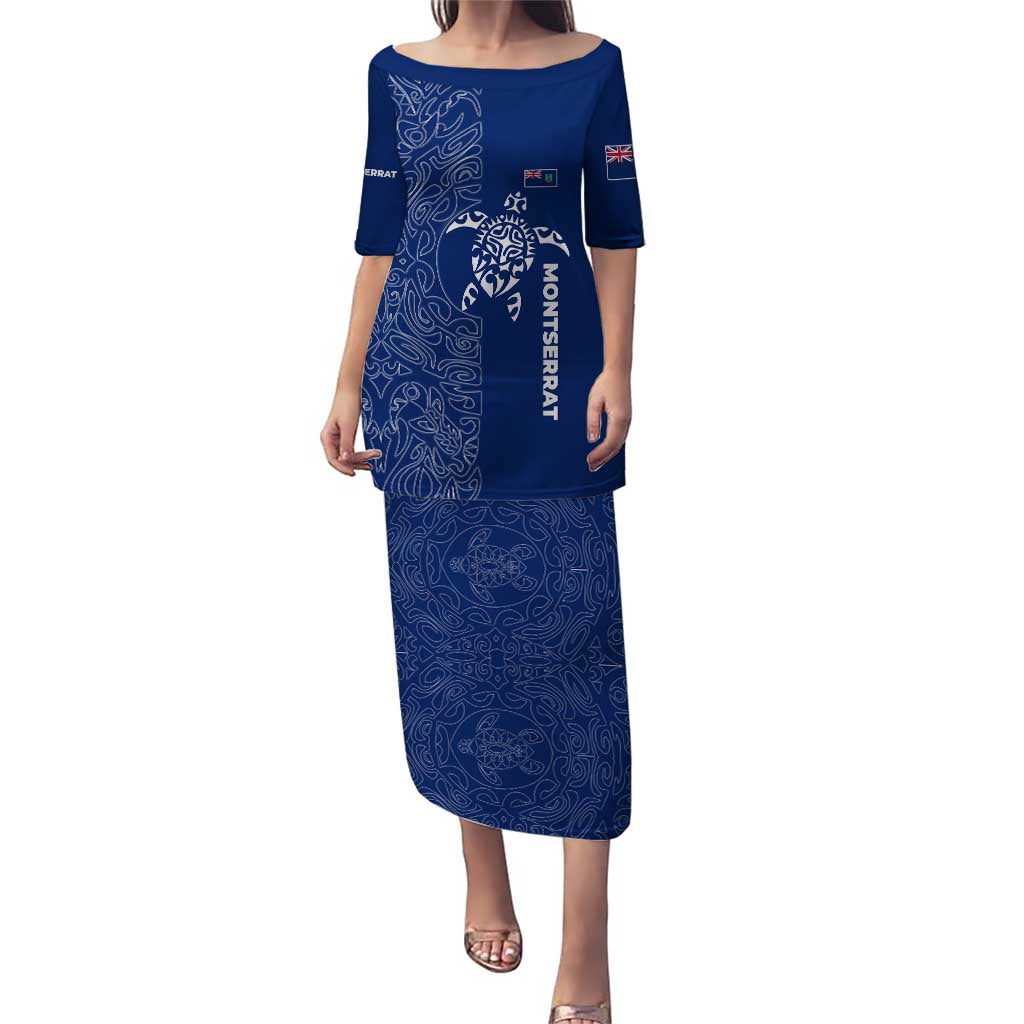 Montserrat Puletasi with Tribal Sea Turtle Illustration Blue Polynesian Pattern Design - Wonder Print Shop