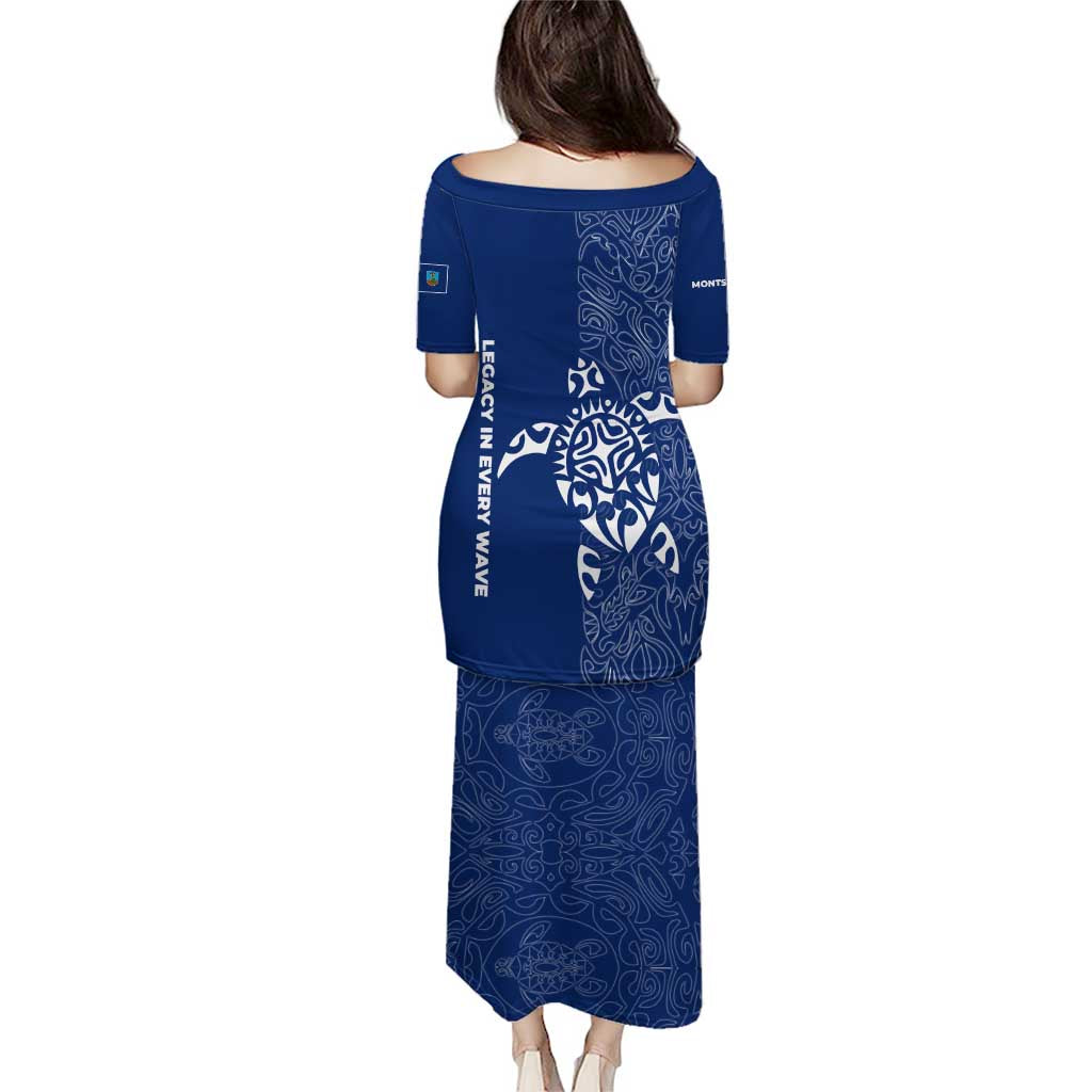 Montserrat Puletasi with Tribal Sea Turtle Illustration Blue Polynesian Pattern Design - Wonder Print Shop