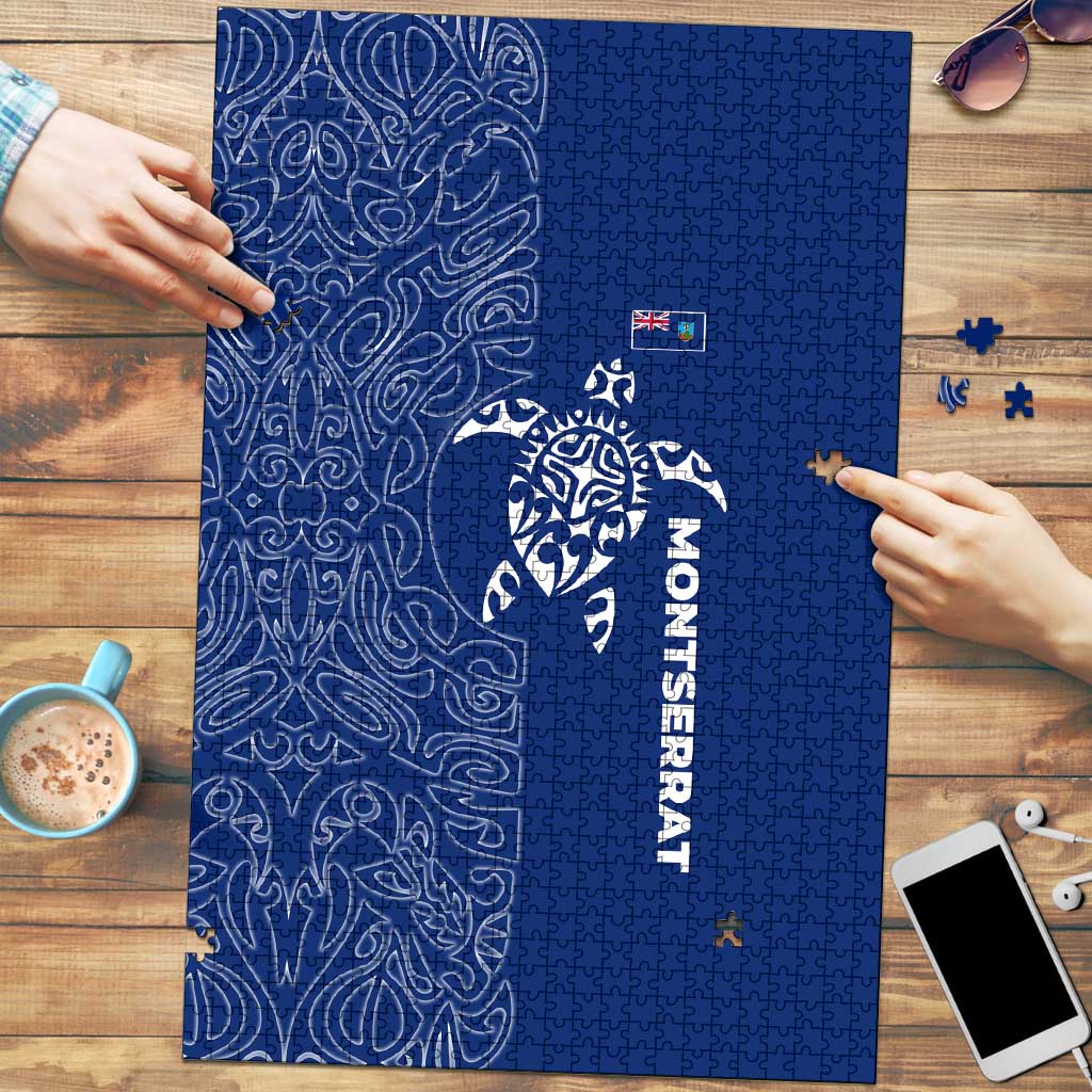 Montserrat Puzzle with Tribal Sea Turtle Illustration Blue Polynesian Pattern Design - Wonder Print Shop