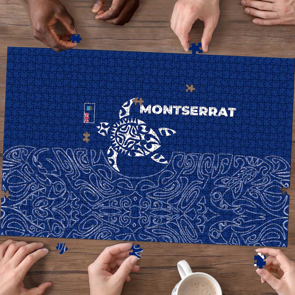 Montserrat Puzzle with Tribal Sea Turtle Illustration Blue Polynesian Pattern Design - Wonder Print Shop