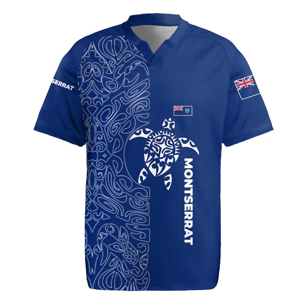 Montserrat Rugby Jersey with Tribal Sea Turtle Illustration Blue Polynesian Pattern Design - Wonder Print Shop