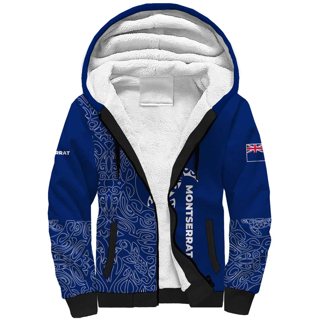 Montserrat Sherpa Hoodie with Tribal Sea Turtle Illustration Blue Polynesian Pattern Design - Wonder Print Shop