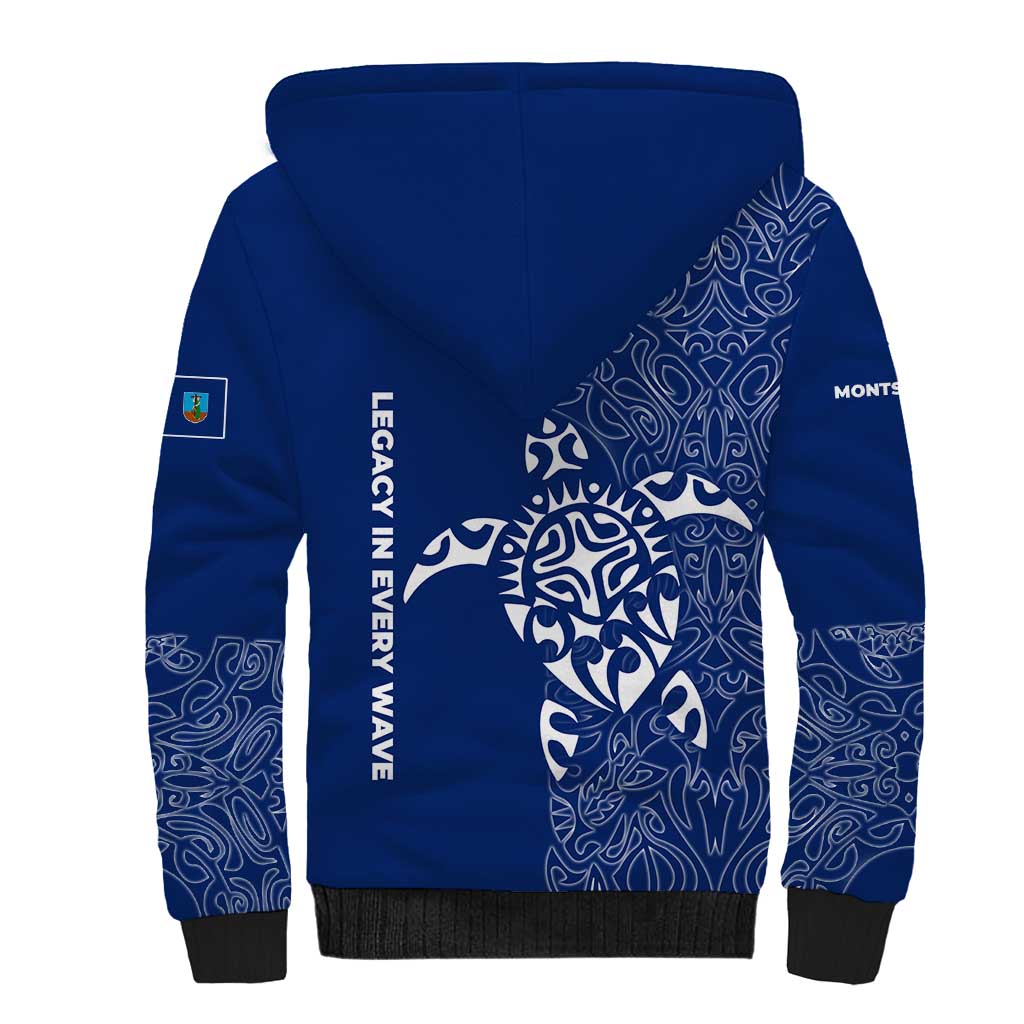 Montserrat Sherpa Hoodie with Tribal Sea Turtle Illustration Blue Polynesian Pattern Design - Wonder Print Shop