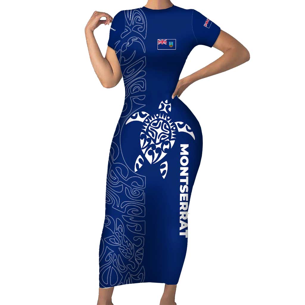 Montserrat Short Sleeve Bodycon Dress with Tribal Sea Turtle Illustration Blue Polynesian Pattern Design - Wonder Print Shop