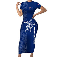 Montserrat Short Sleeve Bodycon Dress with Tribal Sea Turtle Illustration Blue Polynesian Pattern Design - Wonder Print Shop