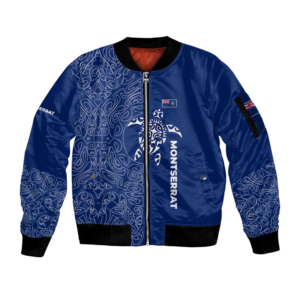 Montserrat Sleeve Zip Bomber Jacket with Tribal Sea Turtle Illustration Blue Polynesian Pattern Design - Wonder Print Shop
