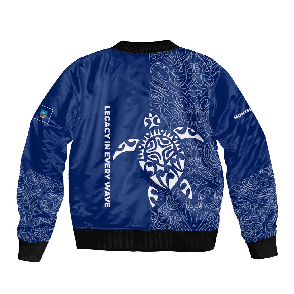 Montserrat Sleeve Zip Bomber Jacket with Tribal Sea Turtle Illustration Blue Polynesian Pattern Design - Wonder Print Shop