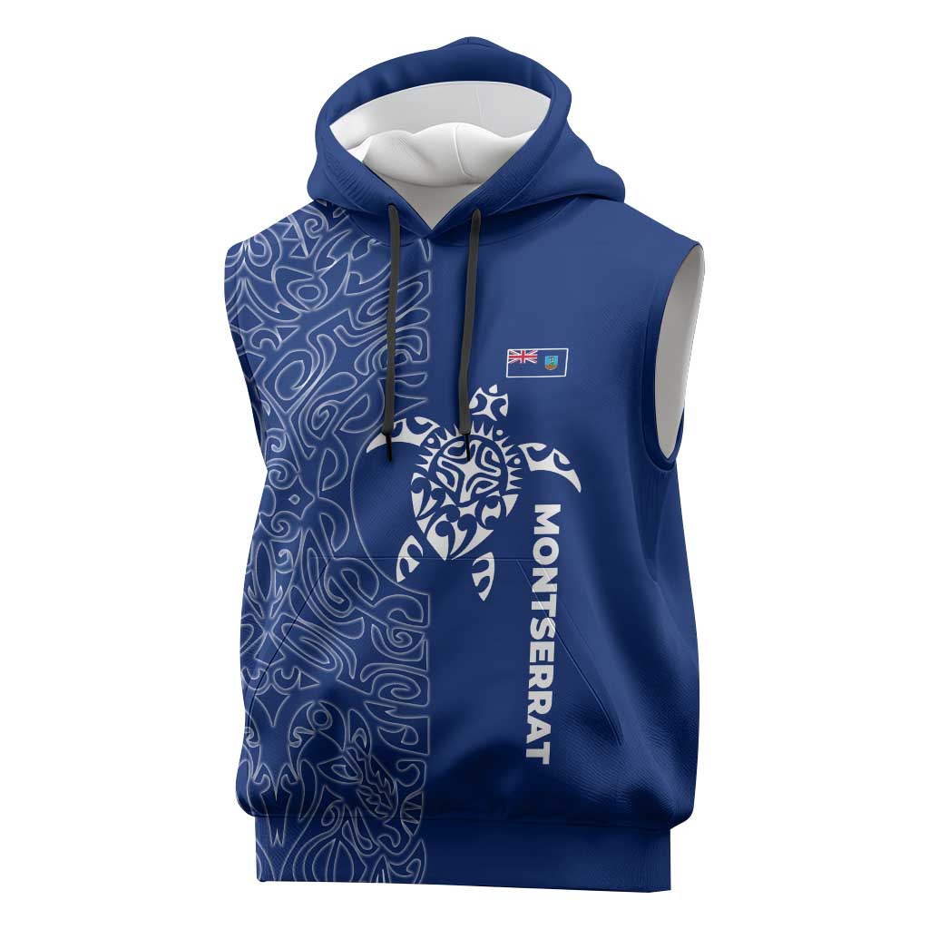 Montserrat Sleeveless Hoodie with Tribal Sea Turtle Illustration Blue Polynesian Pattern Design - Wonder Print Shop
