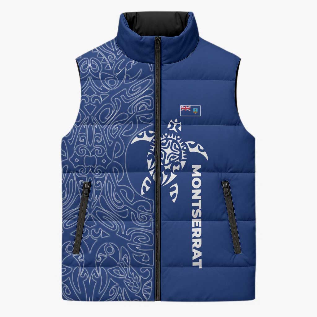 Montserrat Sleeveless Puffer Jacket with Tribal Sea Turtle Illustration Blue Polynesian Pattern Design - Wonder Print Shop