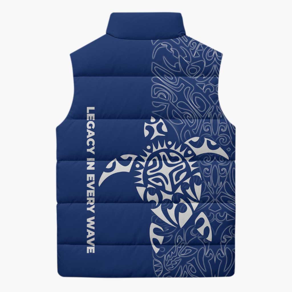 Montserrat Sleeveless Puffer Jacket with Tribal Sea Turtle Illustration Blue Polynesian Pattern Design - Wonder Print Shop