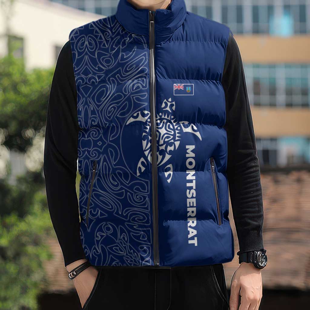 Montserrat Sleeveless Puffer Jacket with Tribal Sea Turtle Illustration Blue Polynesian Pattern Design - Wonder Print Shop