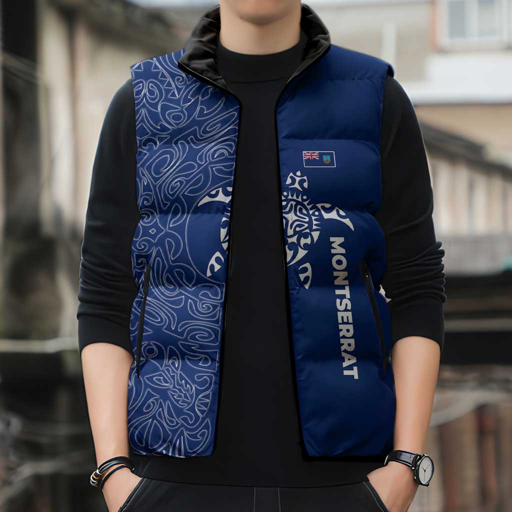 Montserrat Sleeveless Puffer Jacket with Tribal Sea Turtle Illustration Blue Polynesian Pattern Design - Wonder Print Shop