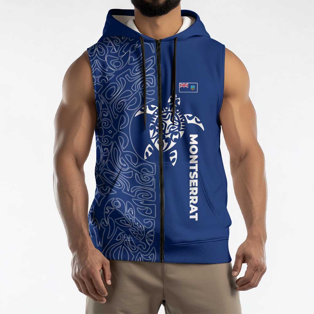 Montserrat Sleeveless Zip Hoodie with Tribal Sea Turtle Illustration Blue Polynesian Pattern Design - Wonder Print Shop
