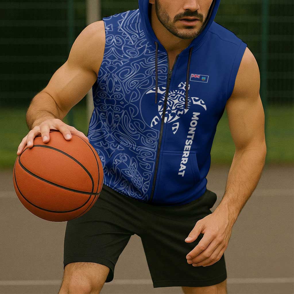 Montserrat Sleeveless Zip Hoodie with Tribal Sea Turtle Illustration Blue Polynesian Pattern Design - Wonder Print Shop