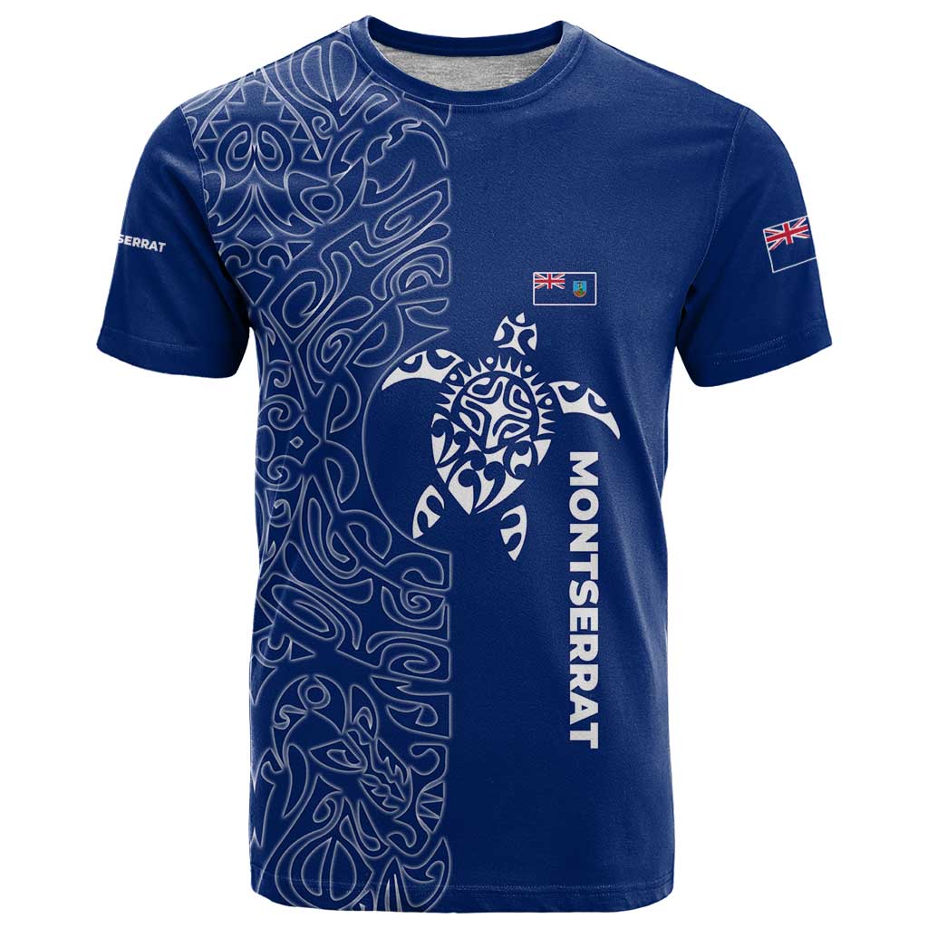 Montserrat T Shirt with Tribal Sea Turtle Illustration Blue Polynesian Pattern Design - Wonder Print Shop