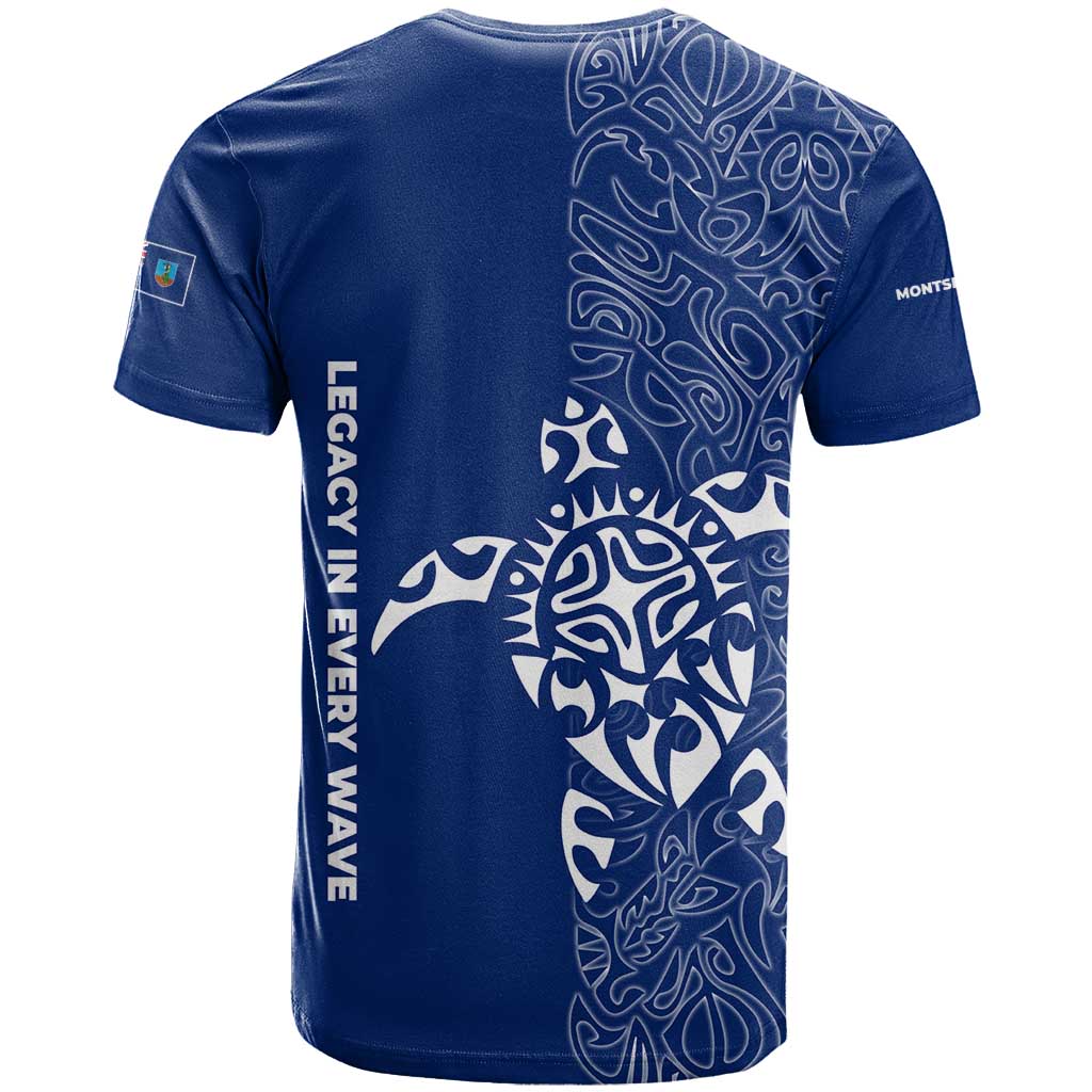Montserrat T Shirt with Tribal Sea Turtle Illustration Blue Polynesian Pattern Design - Wonder Print Shop