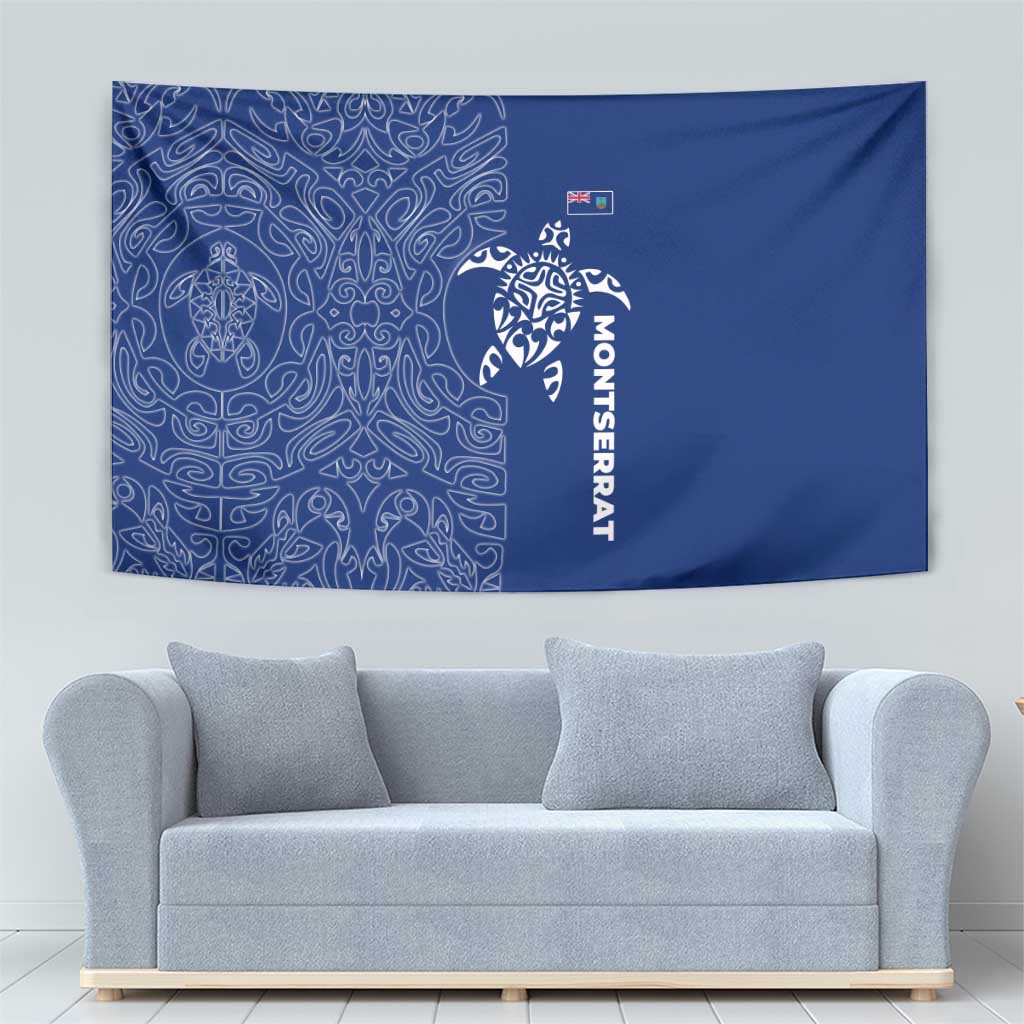 Montserrat Tapestry with Tribal Sea Turtle Illustration Blue Polynesian Pattern Design - Wonder Print Shop