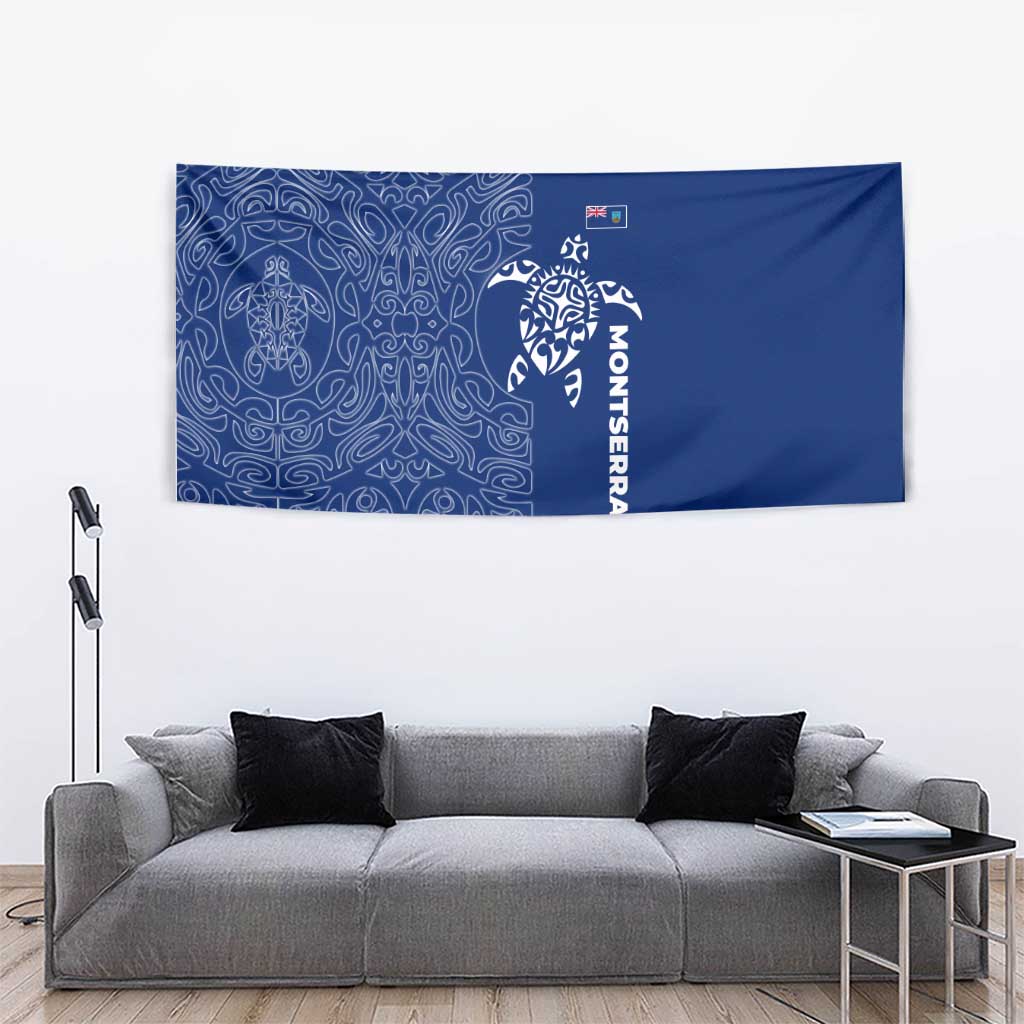 Montserrat Tapestry with Tribal Sea Turtle Illustration Blue Polynesian Pattern Design - Wonder Print Shop