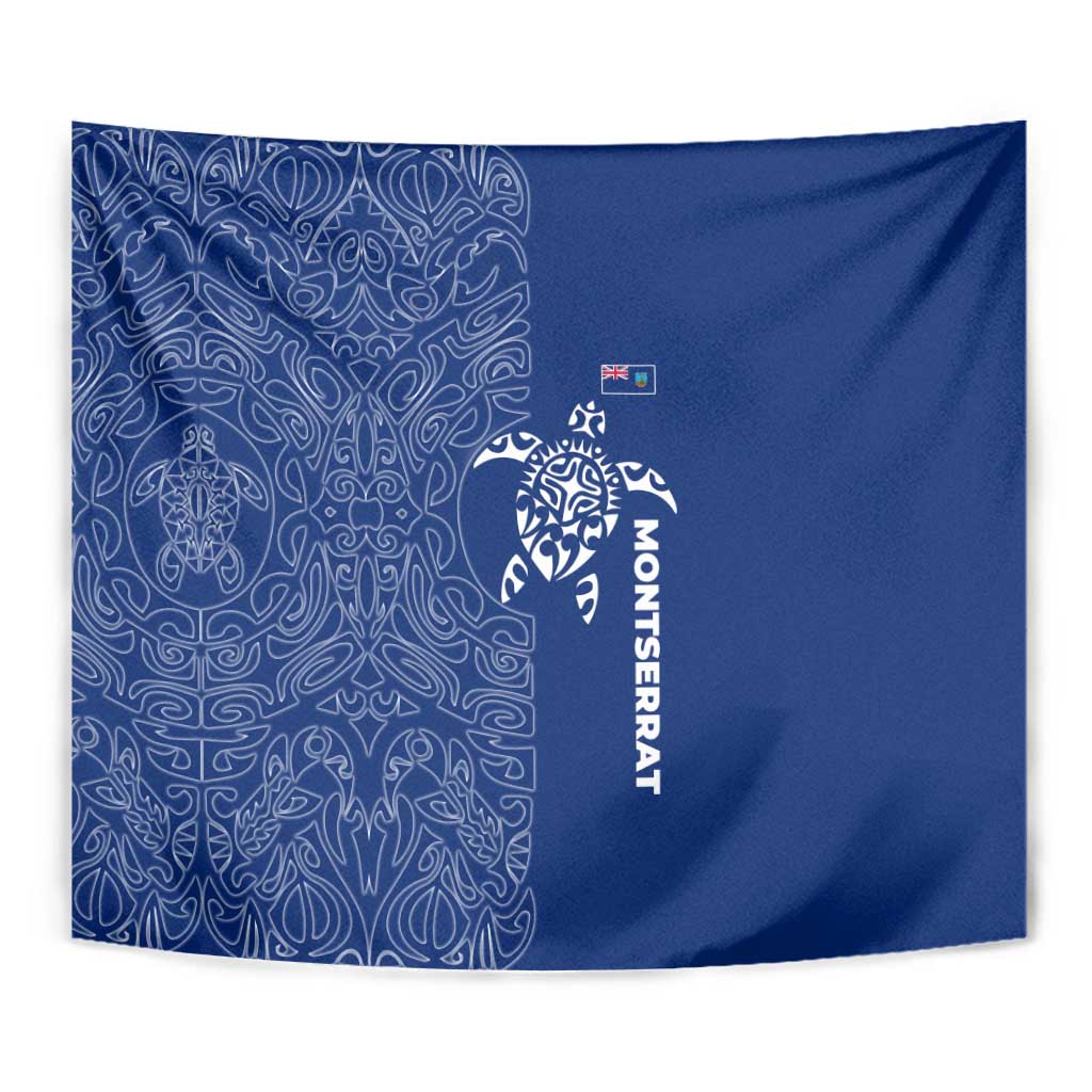 Montserrat Tapestry with Tribal Sea Turtle Illustration Blue Polynesian Pattern Design - Wonder Print Shop