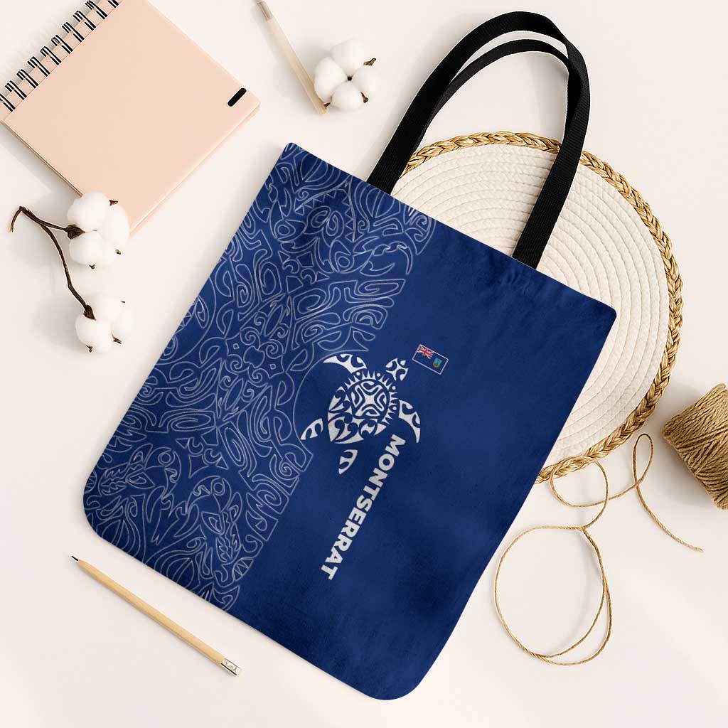 Montserrat Tote Bag with Tribal Sea Turtle Illustration Blue Polynesian Pattern Design - Wonder Print Shop