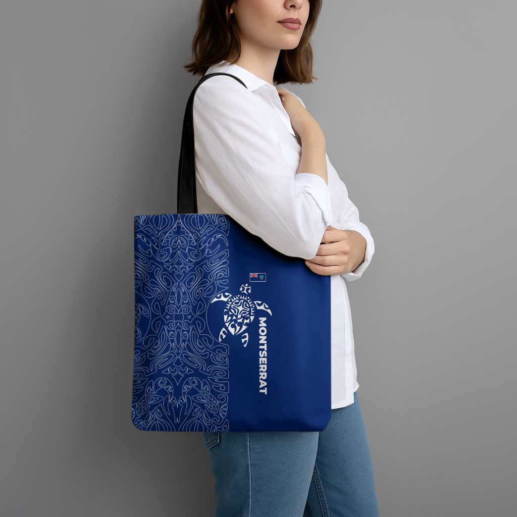 Montserrat Tote Bag with Tribal Sea Turtle Illustration Blue Polynesian Pattern Design - Wonder Print Shop