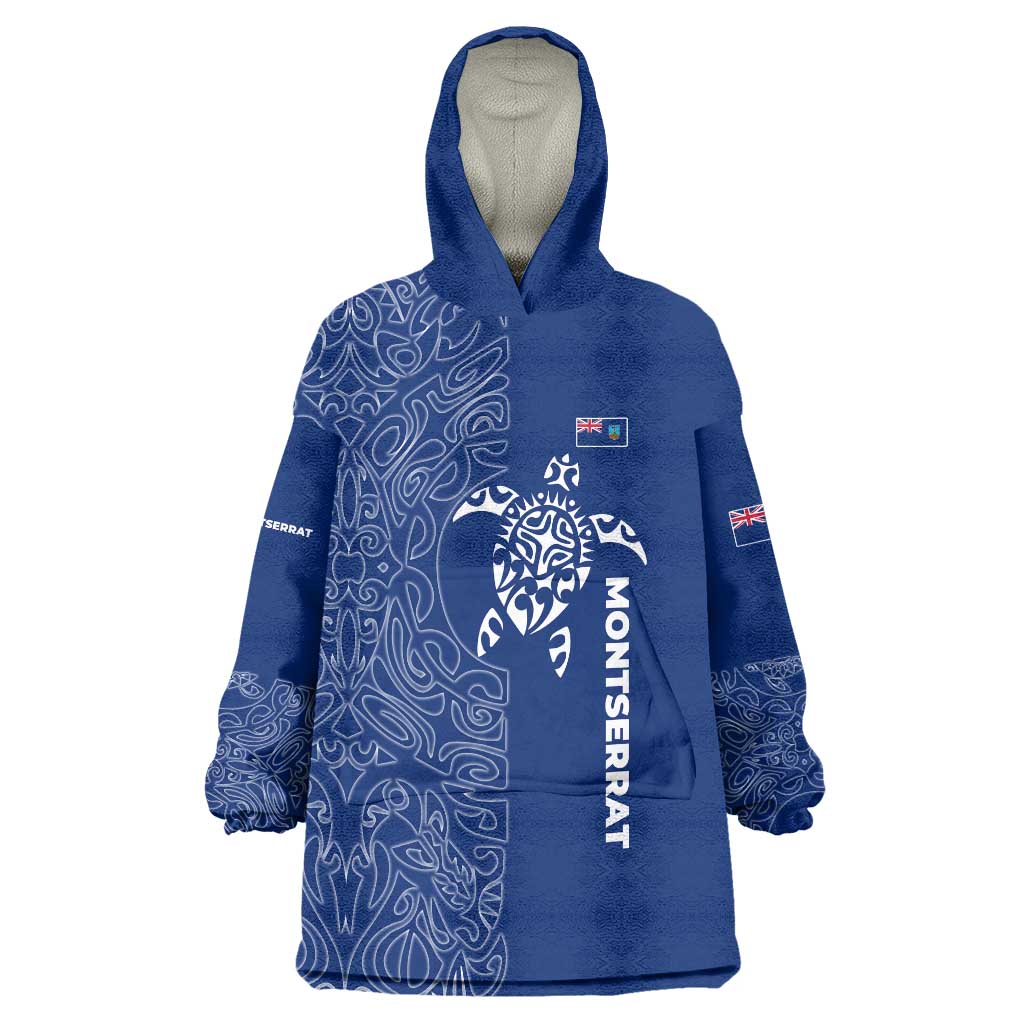 Montserrat Wearable Blanket Hoodie with Tribal Sea Turtle Illustration Blue Polynesian Pattern Design - Wonder Print Shop