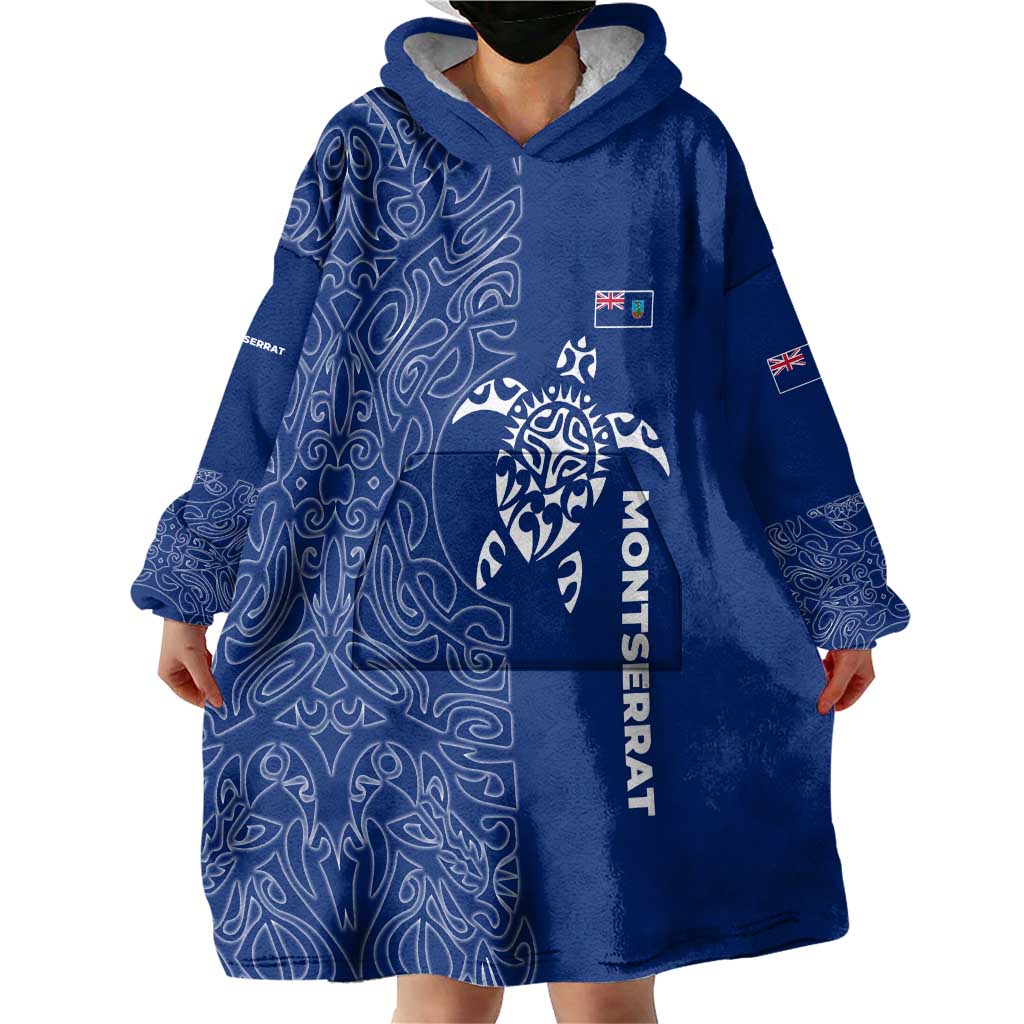 Montserrat Wearable Blanket Hoodie with Tribal Sea Turtle Illustration Blue Polynesian Pattern Design - Wonder Print Shop