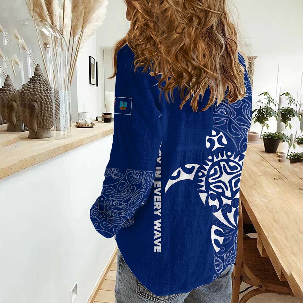 Montserrat Women Casual Shirt with Tribal Sea Turtle Illustration Blue Polynesian Pattern Design - Wonder Print Shop