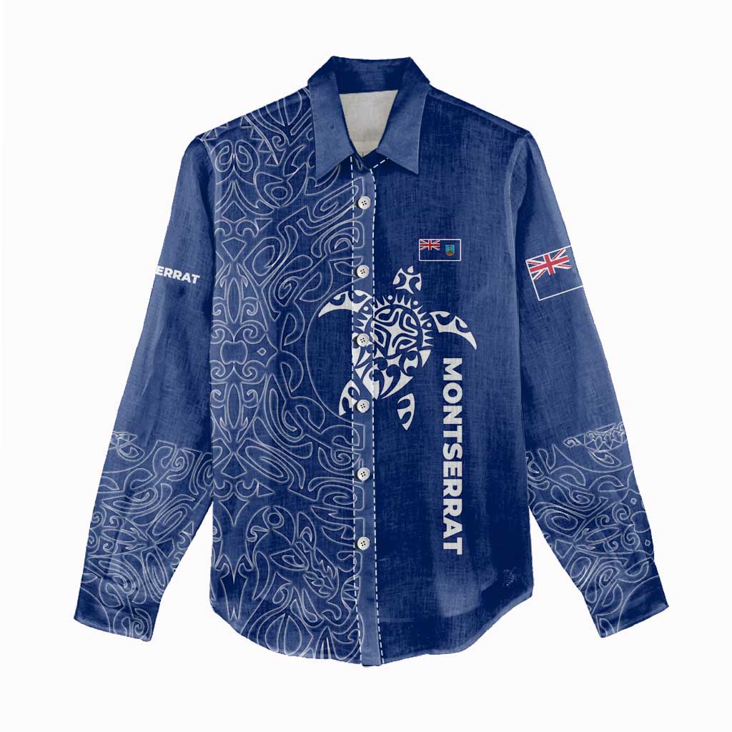 Montserrat Women Casual Shirt with Tribal Sea Turtle Illustration Blue Polynesian Pattern Design - Wonder Print Shop