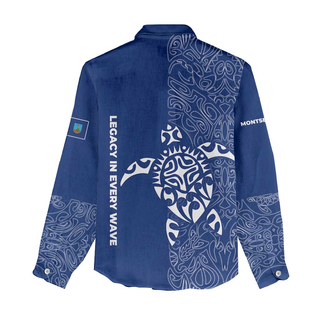 Montserrat Women Casual Shirt with Tribal Sea Turtle Illustration Blue Polynesian Pattern Design - Wonder Print Shop